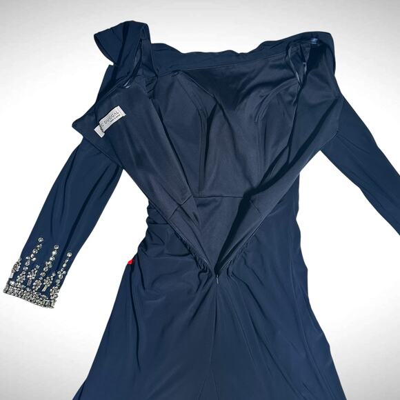 Mac Duggal Drop Shoulder Faux Wrap Navy Thigh Slit Jeweled Cuff Gown Dress Sz 4‎ - Picture 7 of 13